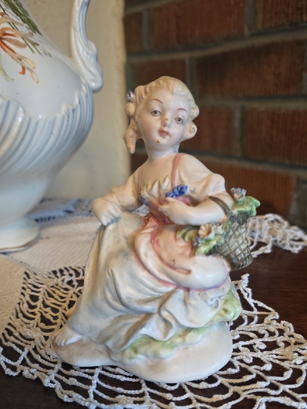 Porcelain Figurine Lady with Basket and Flowers - Cream & Pink